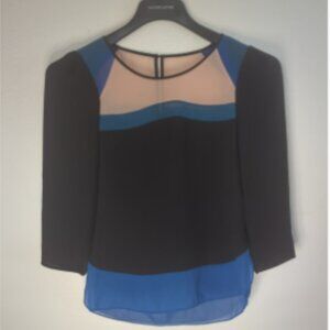 BCBG MAX AZRIA Womens XXS Black Blue 3/4 Sleeve Top Fairycore Coquette Blouse